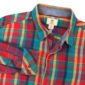 Timberland Lightweight Flannel Shirt Colorful Plaid Layering Soft Slim Fit Large